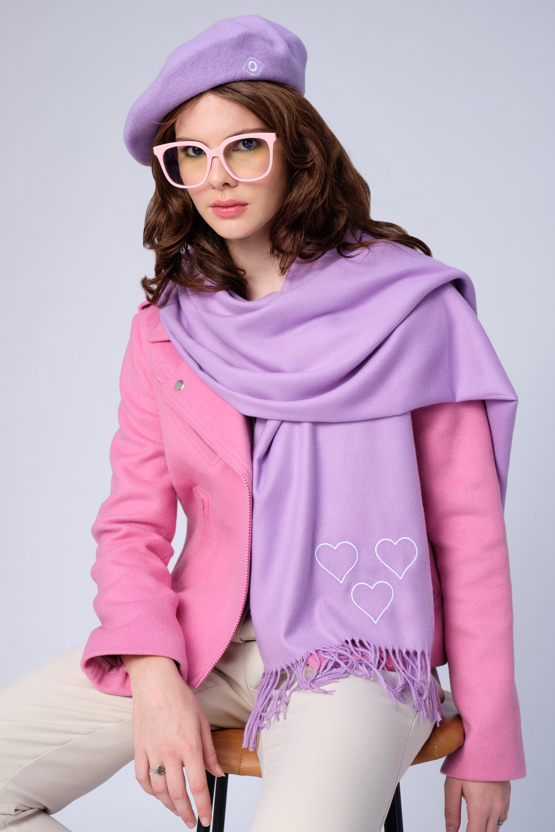 stillsveta lilac cashmere scarf with trio of hearts