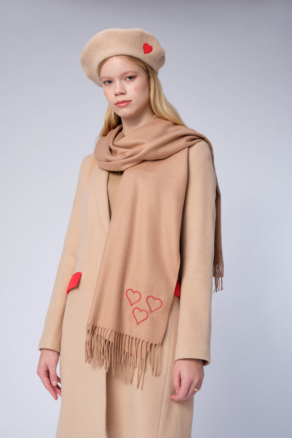 stillsveta beige scarf with trio of hearts design