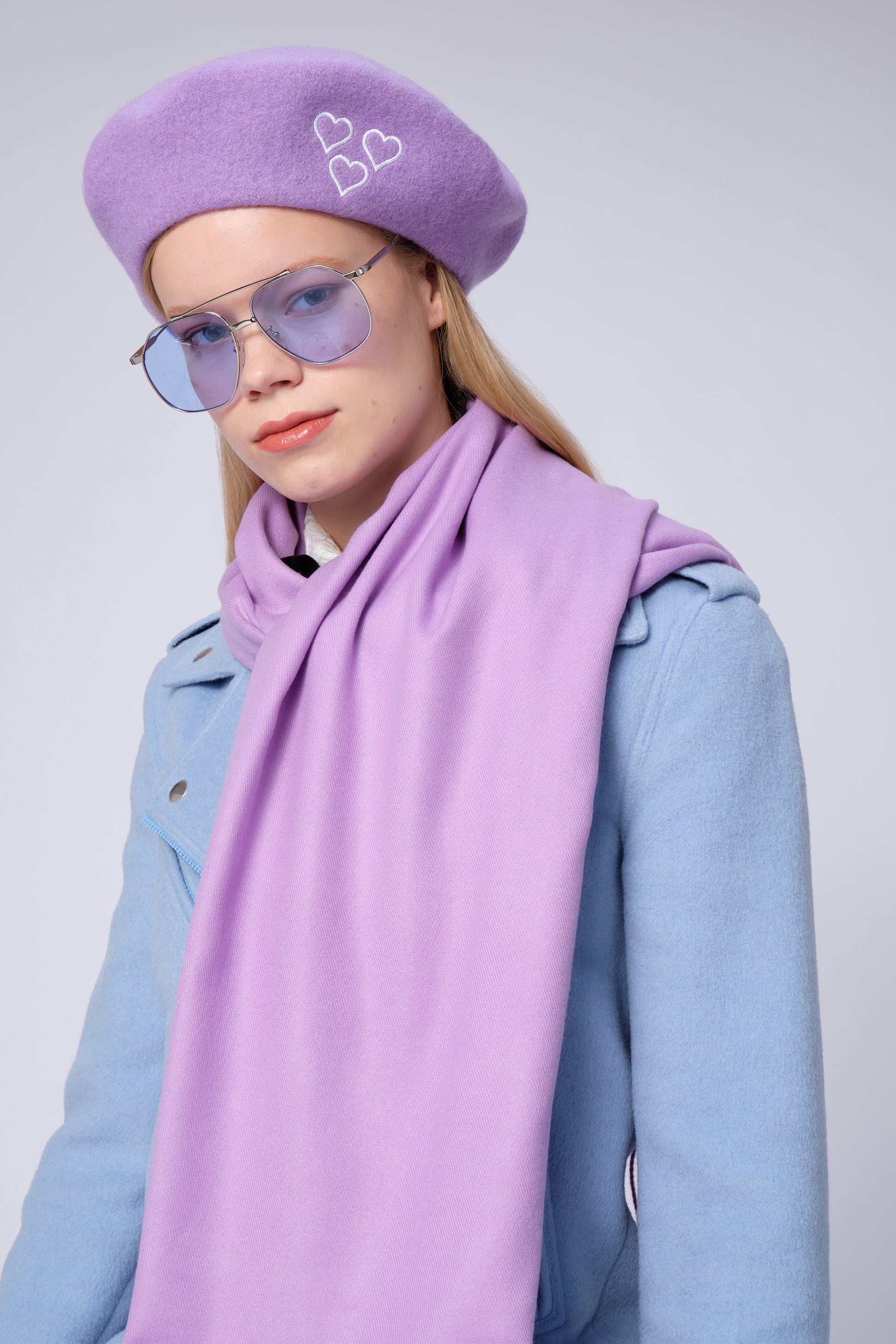 stillsveta lilac beret with trio of hearts