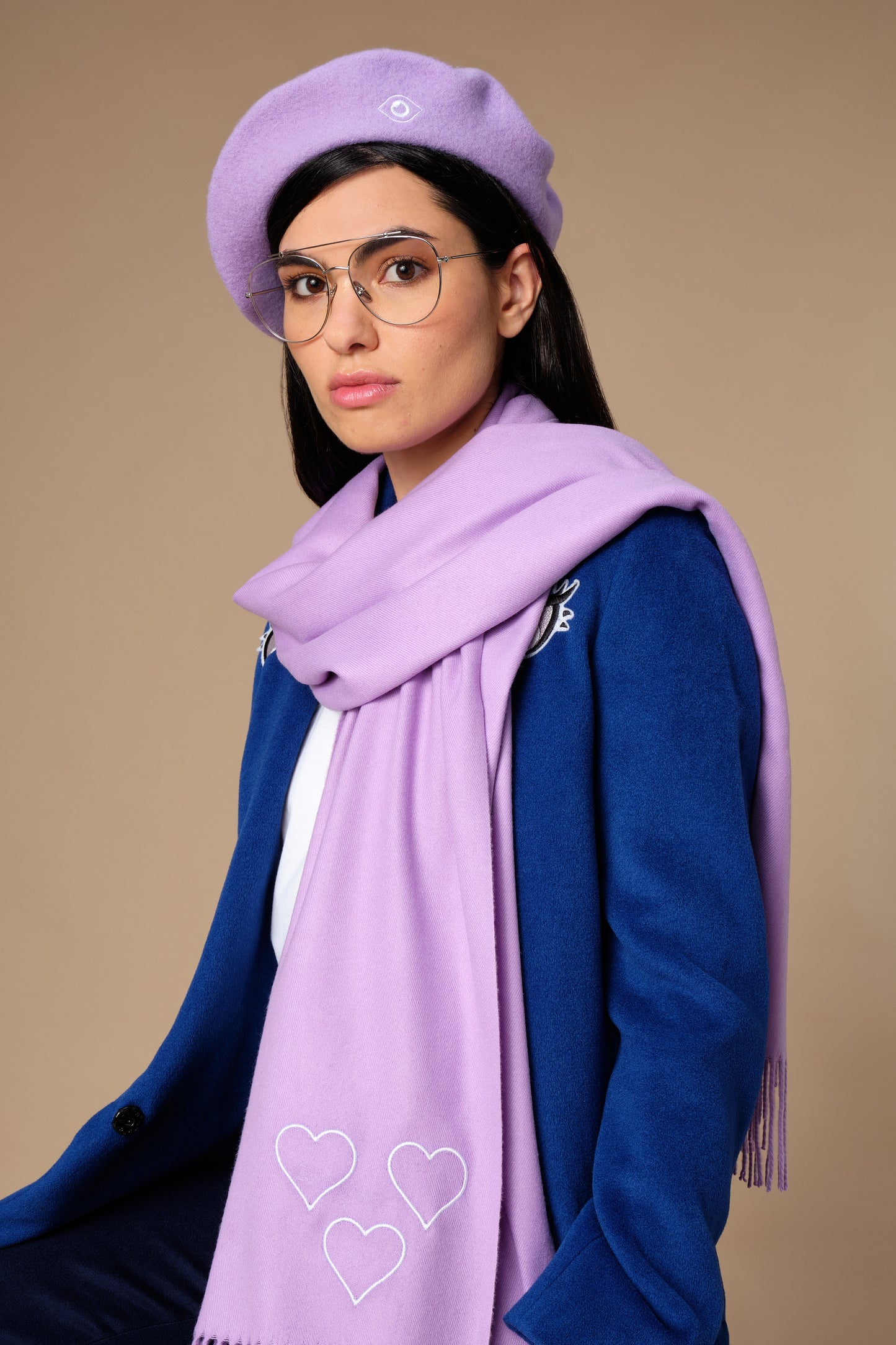 stillsveta lilac cashmere scarf with trio of hearts
