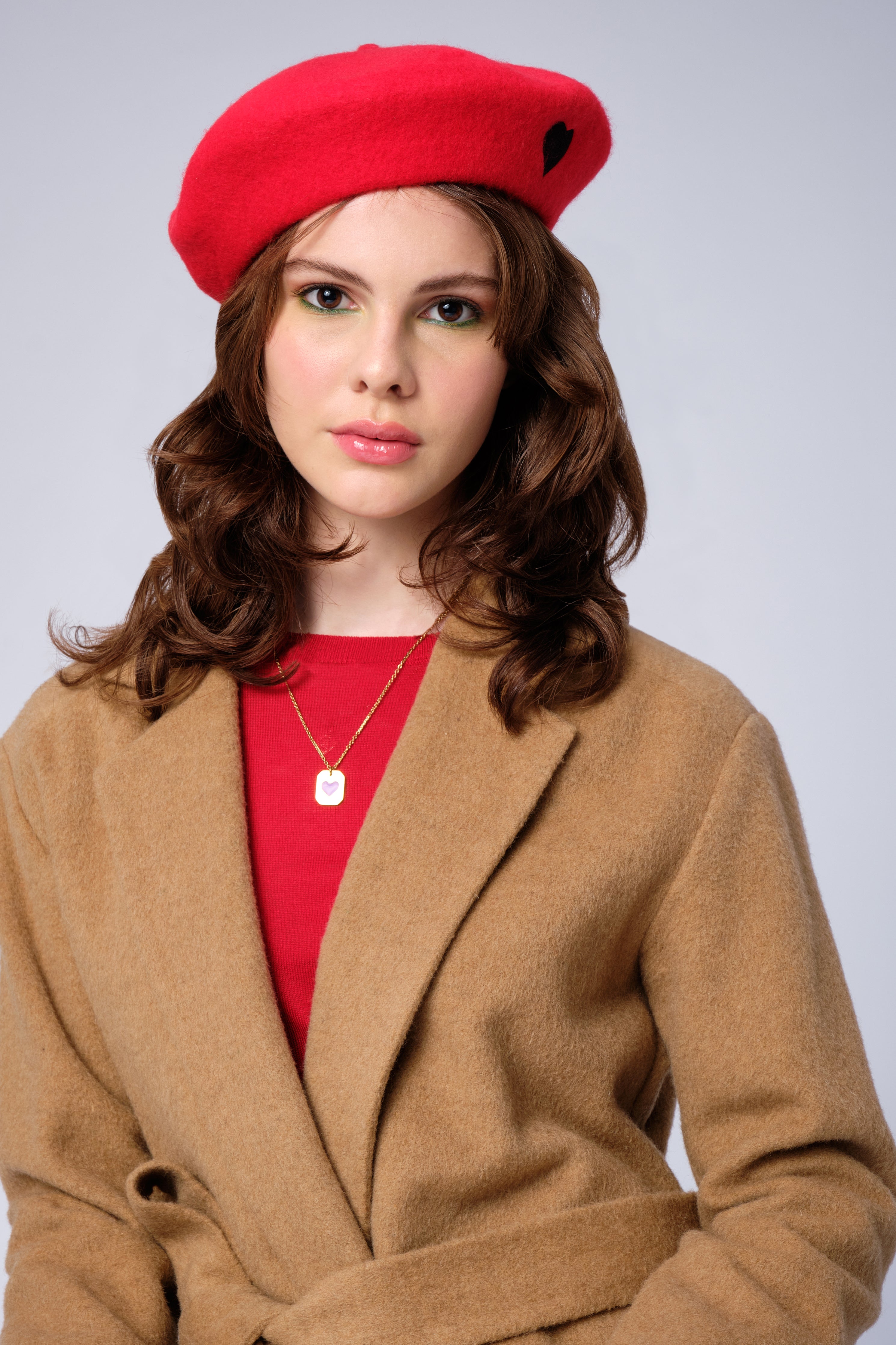 stillsveta beige wrap coat and red beret