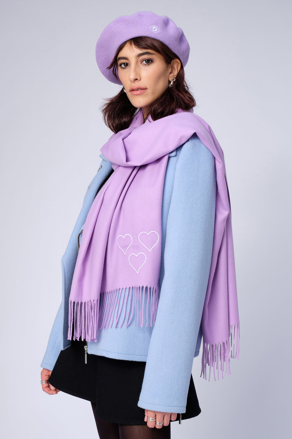 stillsveta lilac cashmere scarf with trio of hearts