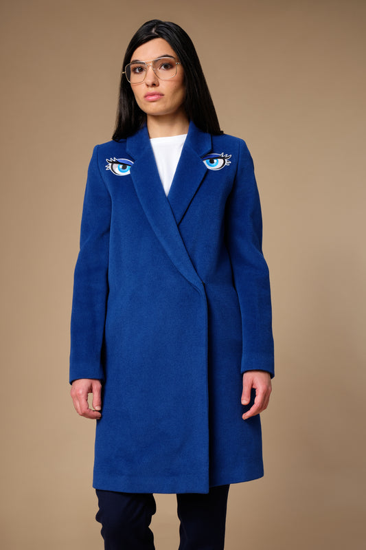 Cobalt blue wool coat with blue eyes embroidery