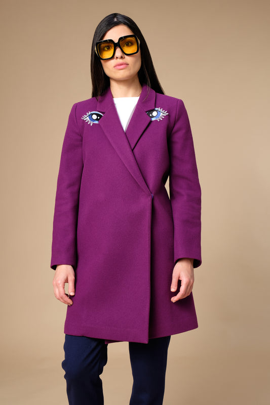 stillsveta purple wool coat with blue eyes embroidery