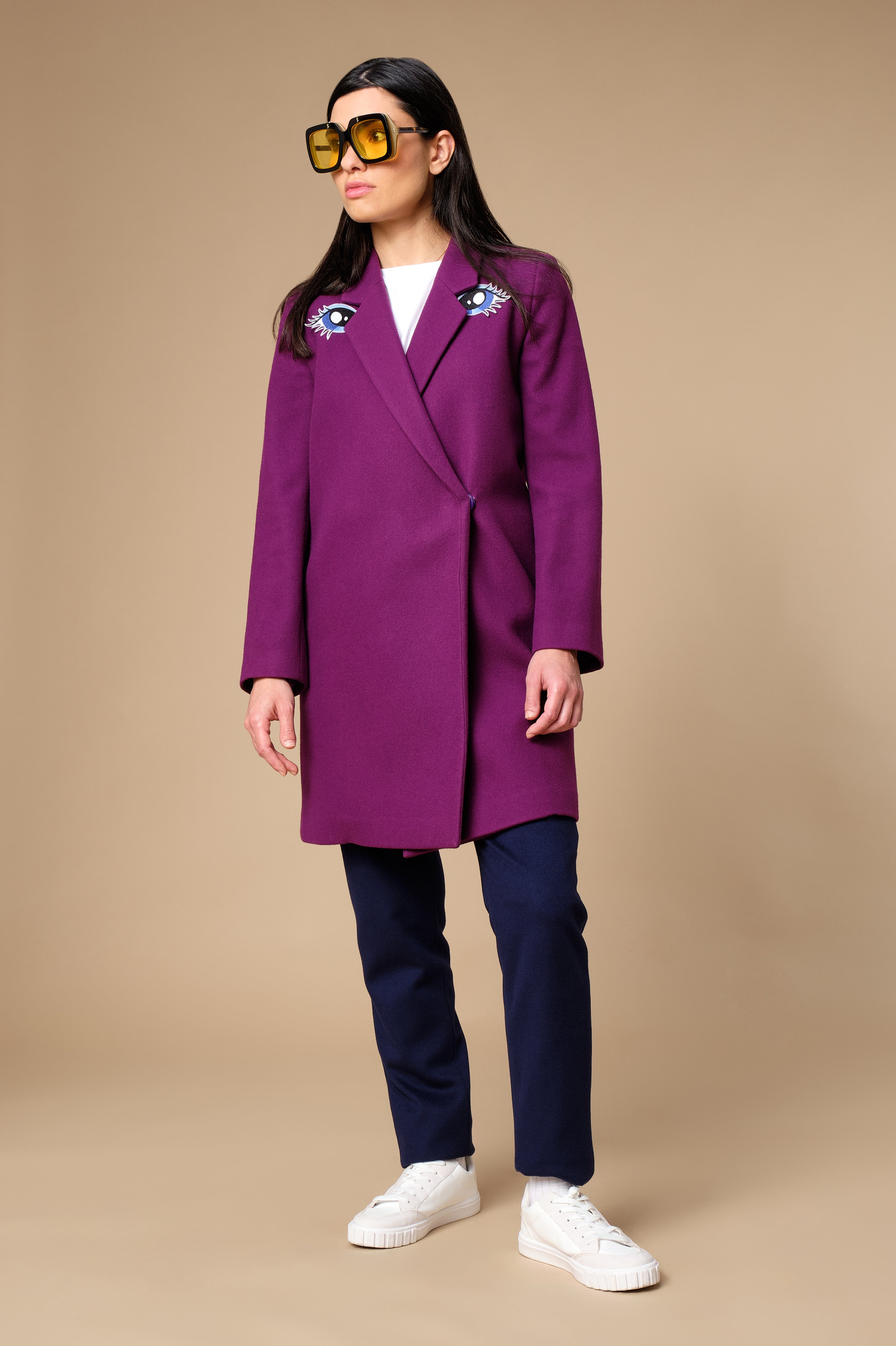 stillsveta purple wool coat with blue eyes embroidery