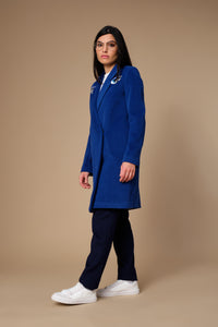 Cobalt blue wool coat with blue eyes embroidery